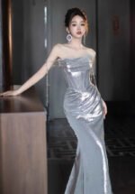 Silver Sparkle Spaghetti Strap Mermaid Evening Gown