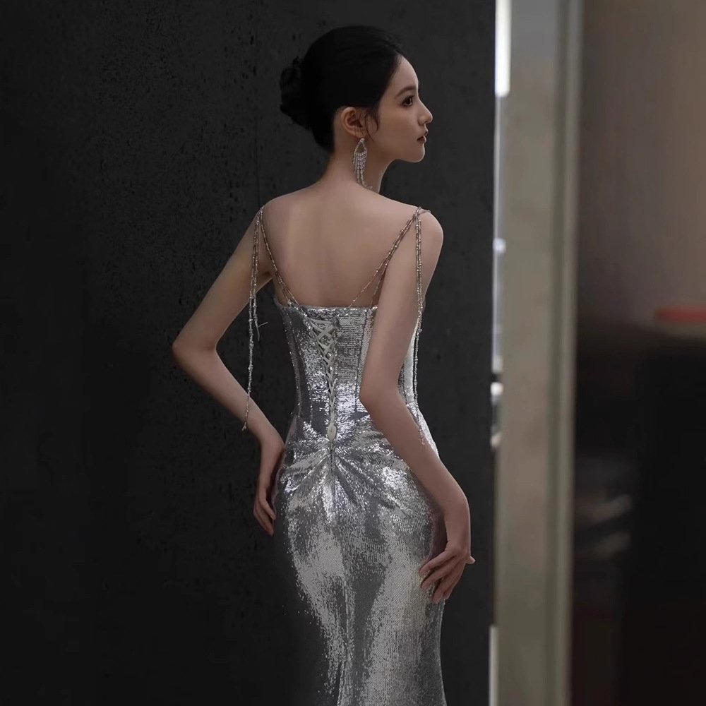 Silver Sparkle Spaghetti Strap Mermaid Evening Gown