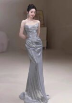 Silver Sparkle Spaghetti Strap Mermaid Evening Gown
