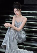 Silver Sparkle Spaghetti Strap Mermaid Evening Gown