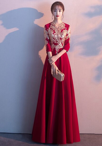 Women's Elegant Red Lace Applique Floor-Length Evening Gown