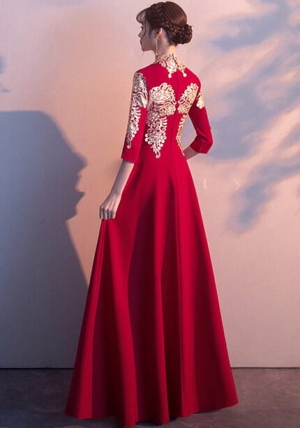 Women's Elegant Red Lace Applique Floor-Length Evening Gown