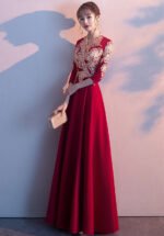 Women's Elegant Red Lace Applique Floor-Length Evening Gown