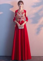 Women's Elegant Red Lace Applique Floor-Length Evening Gown