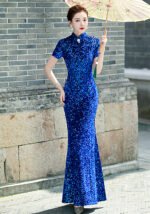 Women's Sequin Mermaid Cheongsam Mandarin Collar Short Sleeve Formal Evening Qipao Gown