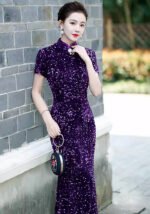 Women's Sequin Mermaid Cheongsam Mandarin Collar Short Sleeve Formal Evening Qipao Gown