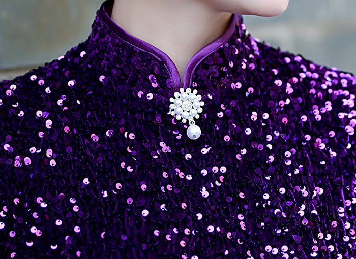 Women's Sequin Mermaid Cheongsam Mandarin Collar Short Sleeve Formal Evening Qipao Gown