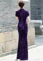 Women's Sequin Mermaid Cheongsam Mandarin Collar Short Sleeve Formal Evening Qipao Gown