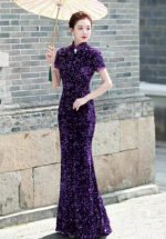 Women's Sequin Mermaid Cheongsam Mandarin Collar Short Sleeve Formal Evening Qipao Gown