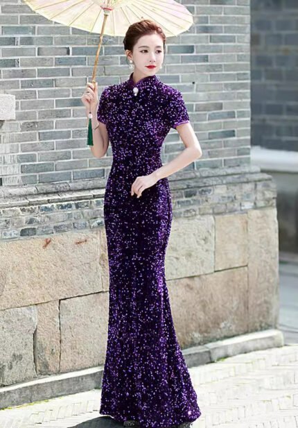 Women's Sequin Mermaid Cheongsam Mandarin Collar Short Sleeve Formal Evening Qipao Gown