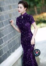 Women's Sequin Mermaid Cheongsam Mandarin Collar Short Sleeve Formal Evening Qipao Gown