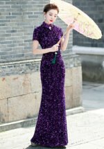Women's Sequin Mermaid Cheongsam Mandarin Collar Short Sleeve Formal Evening Qipao Gown