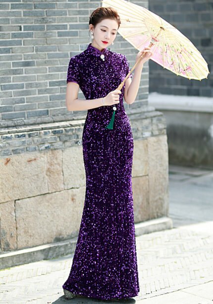 Women's Sequin Mermaid Cheongsam Mandarin Collar Short Sleeve Formal Evening Qipao Gown