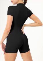 Women's Short Sleeve Half-Zip Yoga Romper - High Waisted Bodycon Fitness Jumpsuit for Gym, Workout & Athleisure