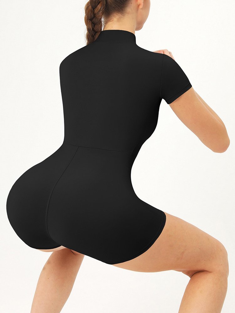Women's Short Sleeve Half-Zip Yoga Romper - High Waisted Bodycon Fitness Jumpsuit for Gym, Workout & Athleisure