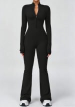 Women's Long Sleeve Zip Front Flare Leg Yoga Jumpsuit