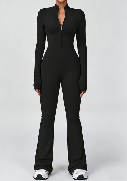 Women's Long Sleeve Zip Front Flare Leg Yoga Jumpsuit