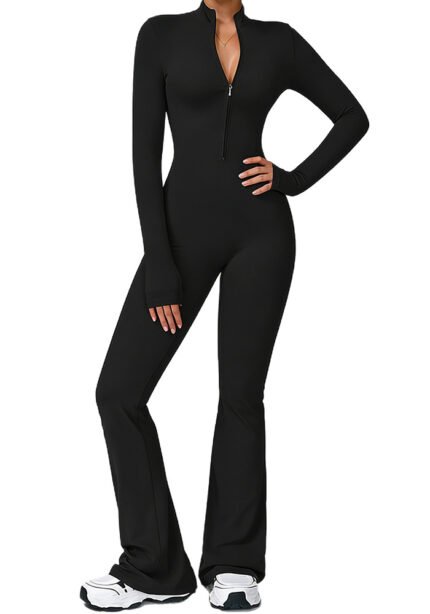 Women's Long Sleeve Zip Front Flare Leg Yoga Jumpsuit