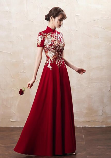 Red Embroidered Formal Gown Cheongsam Dress