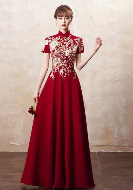 Red Embroidered Formal Gown Cheongsam Dress