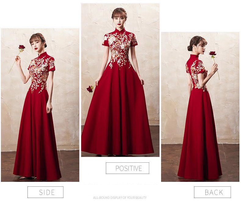 Red Embroidered Formal Gown Cheongsam Dress