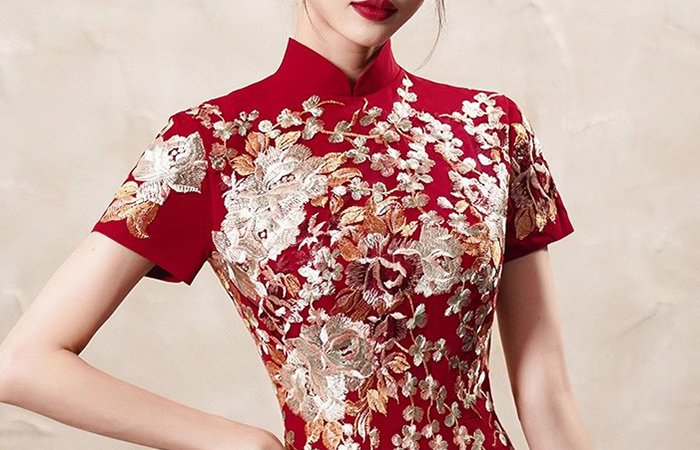 Red Embroidered Formal Gown Cheongsam Dress