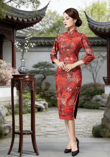 Vintage Chinese Landscape Print Red Cheongsam Traditional Qipao Dress