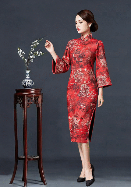 Vintage Chinese Landscape Print Red Cheongsam Traditional Qipao Dress