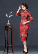 Vintage Chinese Landscape Print Red Cheongsam Traditional Qipao Dress