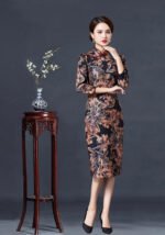 Vintage Floral Print Midi Cheongsam Dress with Mandarin Collar