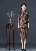 Vintage Floral Print Midi Cheongsam Dress with Mandarin Collar