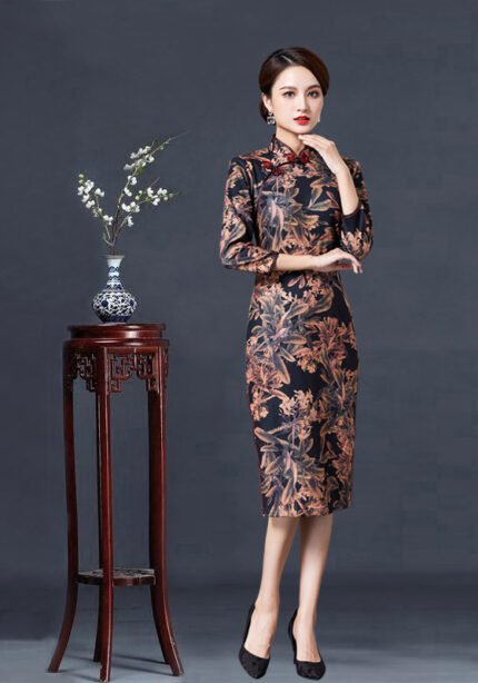 Vintage Floral Print Midi Cheongsam Dress with Mandarin Collar