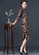 Vintage Floral Print Midi Cheongsam Dress with Mandarin Collar
