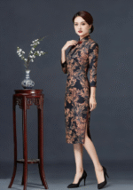 Vintage Floral Print Midi Cheongsam Dress with Mandarin Collar