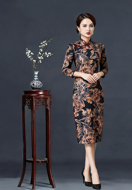 Vintage Floral Print Midi Cheongsam Dress with Mandarin Collar