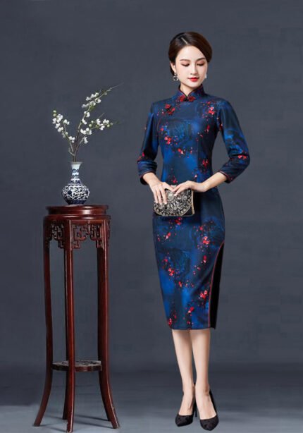 Women's Blue Plum Blossom Print Qipao
