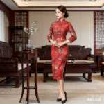 Vintage Chinese Landscape Print Red Cheongsam Traditional Qipao Dress