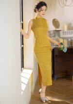2026 Golden Jacquard Cheongsam Dress - Elegant Sleeveless Qipao