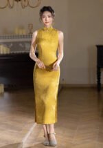 2026 Golden Jacquard Cheongsam Dress - Elegant Sleeveless Qipao