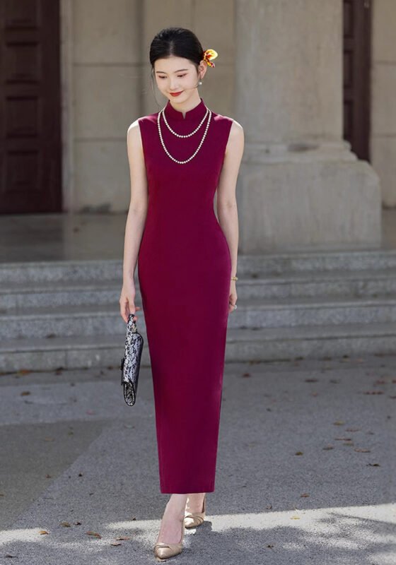 2026 New Elegant Burgundy Cheongsam Dress