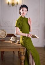 Vintage Olive Green Linen Cheongsam