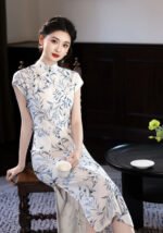 2026 Elegant Bamboo-Print Short-Sleeve Cheongsam Dress (Qipao)