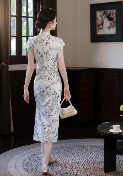 2026 Elegant Bamboo-Print Short-Sleeve Cheongsam Dress (Qipao)