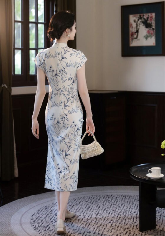 2026 Elegant Bamboo-Print Short-Sleeve Cheongsam Dress (Qipao)