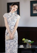 2026 Elegant Bamboo-Print Short-Sleeve Cheongsam Dress (Qipao)