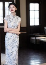 2026 Elegant Bamboo-Print Short-Sleeve Cheongsam Dress (Qipao)