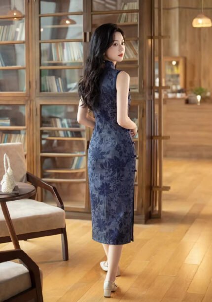 Blue Floral Jacquard Qipao Cheongsam Bodycon Midi Dress