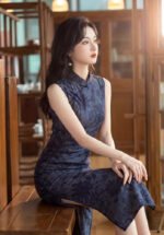 Blue Floral Jacquard Qipao Cheongsam Bodycon Midi Dress