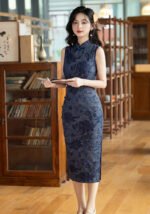 Blue Floral Jacquard Qipao Cheongsam Bodycon Midi Dress