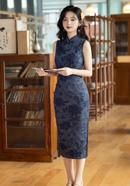 Blue Floral Jacquard Qipao Cheongsam Bodycon Midi Dress